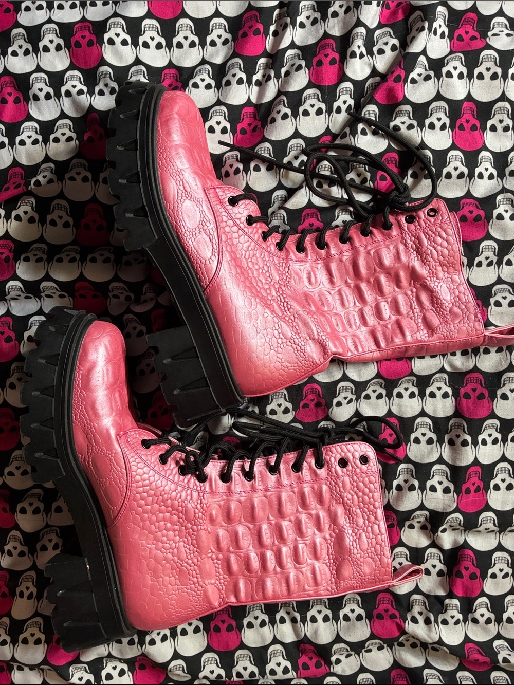 Salmon pink crocodile faux leather combat boots